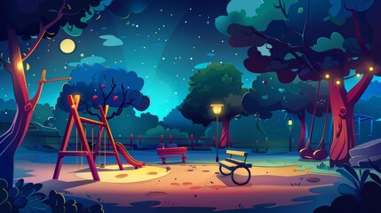Cartoon modern illustration of empty area with toys for active play and rest for kids or daycare zone in yard in the evening or at night. - obrazy, fototapety, plakaty