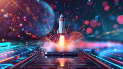 Rocket launching from a smartphone screen. Startup success, business innovation, modern technology concept background with free place for text - obrazy, fototapety, plakaty