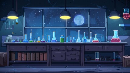 The interior of a cartoon night class chemistry classroom on a dark night with chemistry lab equipment and supplies on a chalkboard. Dark lab for chemical experiments and education under a moonlight