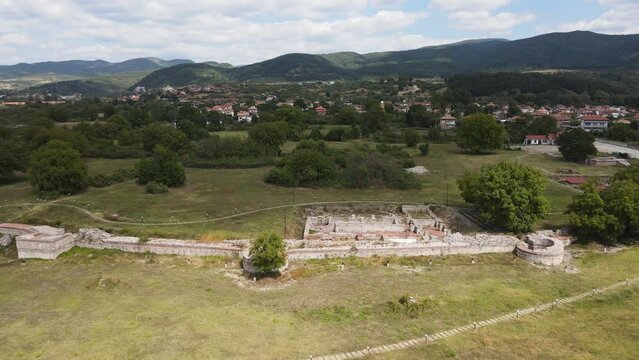 Aerial view of ruins of ancient Roman city Nicopolis ad Nestum near town of Garmen, Blagoevgrad Region, Bulgaria