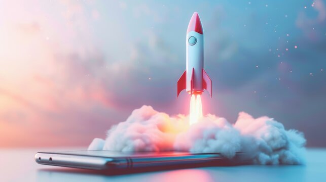 Rocket launching from a smartphone screen. Startup success, business innovation, modern technology concept background with free place for text