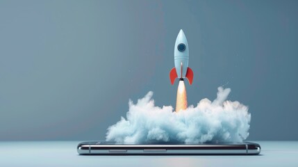 Rocket launching from a smartphone screen. Startup success, business innovation, modern technology concept background with free place for text