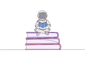 Single one line drawing astronaut sitting cross-legged on pile of large books. Read comic. Read textbook. Read scientific journal. Read increase insight. Continuous line design graphic illustration