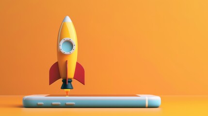 Rocket launching from a smartphone screen. Startup success, business innovation, modern technology concept background with free place for text