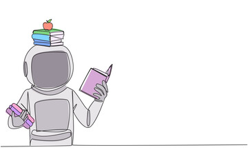 Single one line drawing astronaut reading book practicing balance. Stack books on top of head along with the apple. Balancing reading rhythm, train focus. Continuous line design graphic illustration