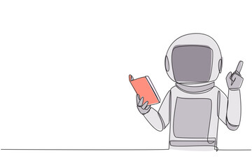 Single continuous line drawing astronaut standing reading book. Gesture gets idea. Book can see from different points of view. Brilliant idea from reading book. One line design vector illustration