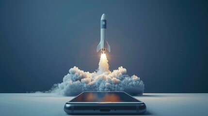 Rocket launching from a smartphone screen. Startup success, business innovation, modern technology concept background with free place for text