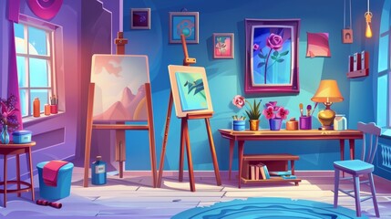 A modern cartoon illustration of an artist's studio room with furniture, sculptures, paintings, a wooden easel, paint tubes, a lamp, and a flower in a vase.
