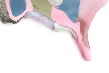 Mixed different color nail polishes flowing on white background