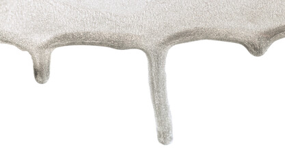 Silver nail polish with glitter flowing on white background