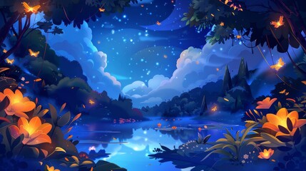 Fototapeta na wymiar Trees and flowers in dark valley with moonlight reflection, fairytale fireflies glowing in darkness, clouds in starry midnight sky, beautiful scenery in night forest. Modern illustration.