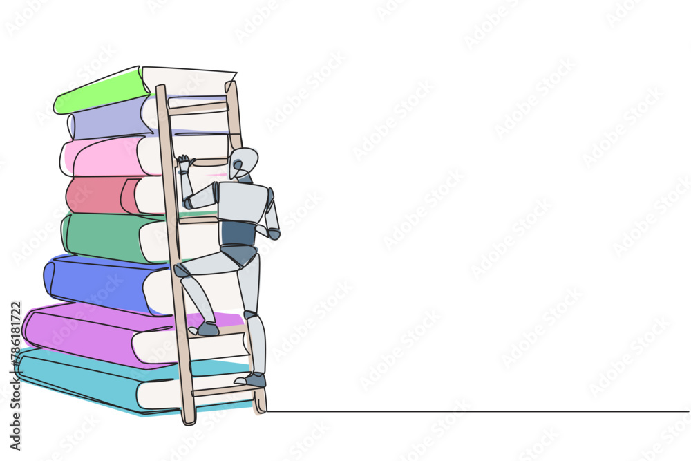 Poster single one line drawing smart robot climbs a large stack of books with a ladder. world window book m