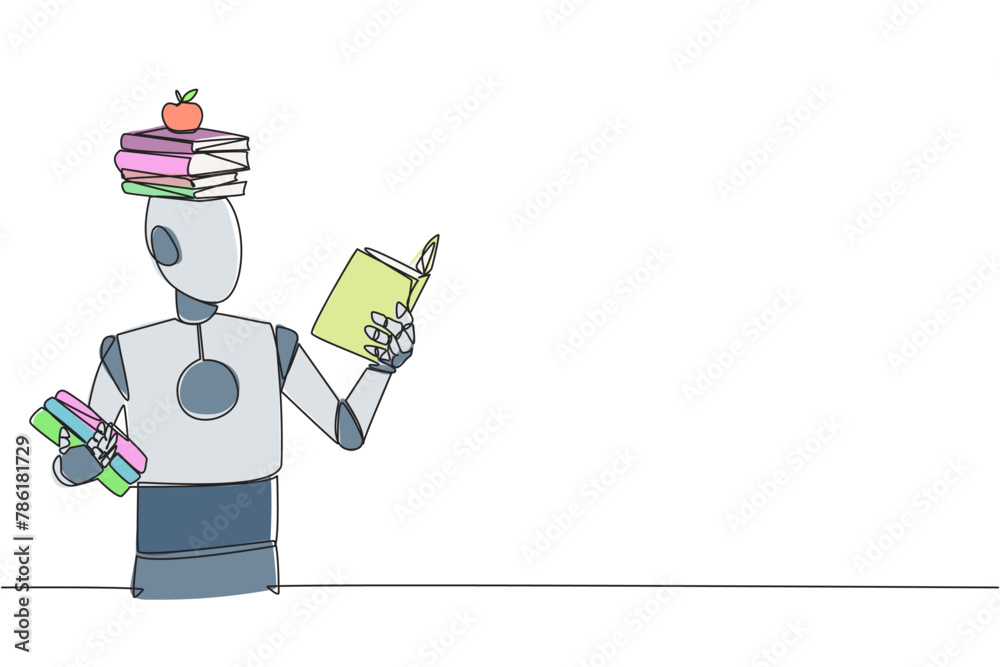 Poster continuous one line drawing robot reading book practicing balance. stack books on top of head along 