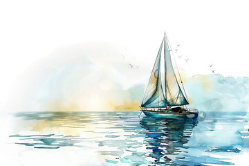 Watercolor Sailboat Sailing Calm on Transparent Background. PNG - obrazy, fototapety, plakaty