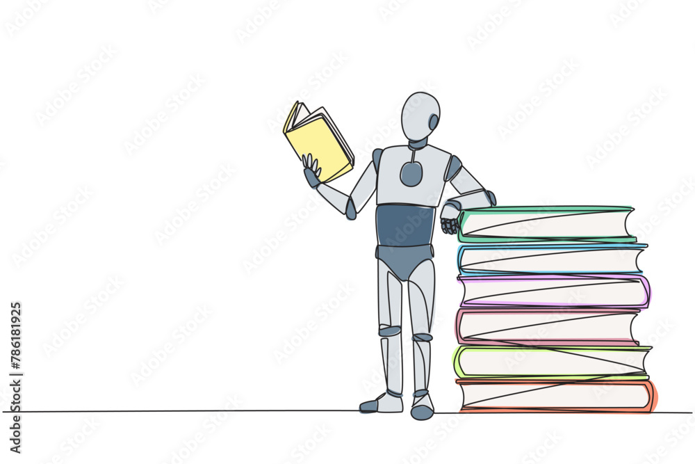 Poster single continuous line drawing smart robot standing reading book while leaning against a pile of lar