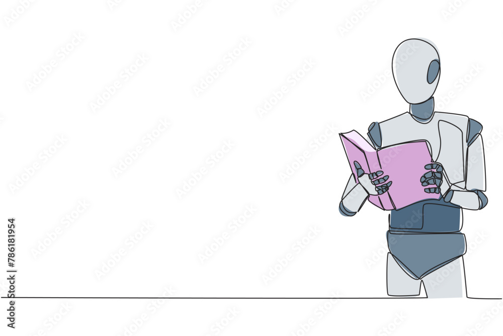 Poster single one line drawing robot artificial intelligence focus on reading. try to find answer to tasks 