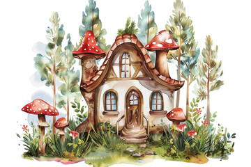Watercolor Fairytale Cottage Enchanted on Transparent Background. PNG - obrazy, fototapety, plakaty