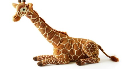 A charming baby toy giraffe, crafted from soft, plush material, stands tall against a pristine white background.