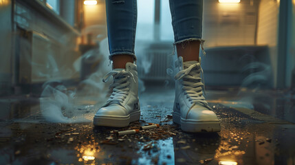 Gumshoe sneaker stepped on cigarettes on a floor. Quitting smoking concept. World No tobacco day. Young girl wearing white sneakers destroy cigarette by foot. Stop smoking in public area concept - obrazy, fototapety, plakaty