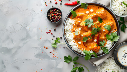 butter chicken with indian rice on light background