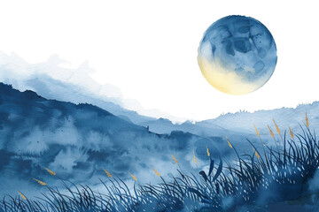 Watercolor Peaceful Moonlit on Transparent Background. PNG