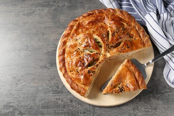 Cut delicious homemade pie and server on grey table, top view. Space for text