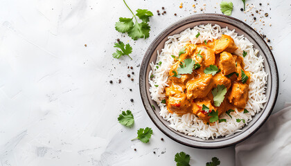 butter chicken with indian rice on light background