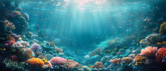 Vibrant Underwater Ecosystem with Coral Reef of various species and Tropical Fish on deep blue ocean background. - obrazy, fototapety, plakaty