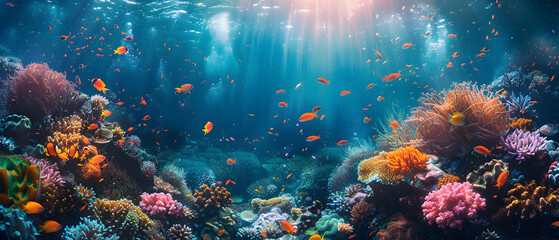 Vibrant Underwater Ecosystem with Coral Reef of various species and Tropical Fish on deep blue ocean background.