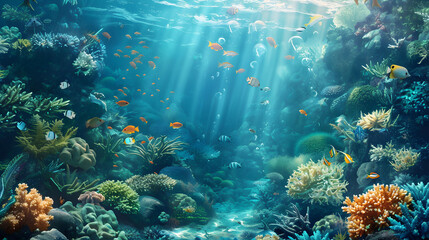 Fototapeta na wymiar Vibrant Underwater Ecosystem with Coral Reef of various species and Tropical Fish on deep blue ocean background.