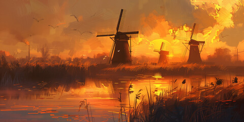 Windmills in the Dutch countryside - obrazy, fototapety, plakaty
