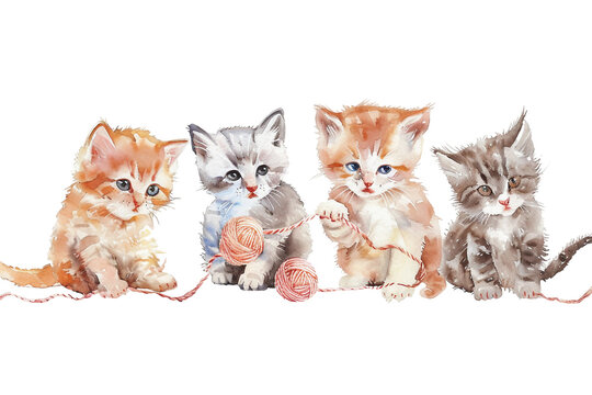 Watercolor Playful Kittens on Transparent Background. PNG