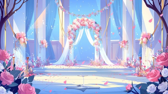 The setting for a wedding ceremony in a big ballroom of the royal castle is decorated with roses and bouquets. This modern illustration depicts an event in a ballroom and where the wedding ceremony