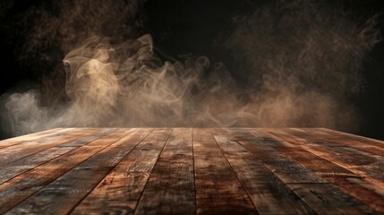 The 3D table top is brown wood with steam or smoke. Foreground view is of a desk with a wood texture surface for displaying goods.