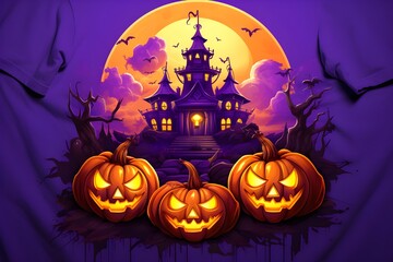 Halloween-themed t-shirt featuring pumpkins and a castle