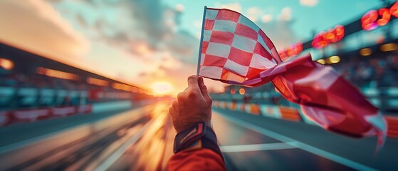 A hand holding victory flag in car racing finish line with a blurry cars and racing environment backdrop for text or product advertisement, Generative AI.