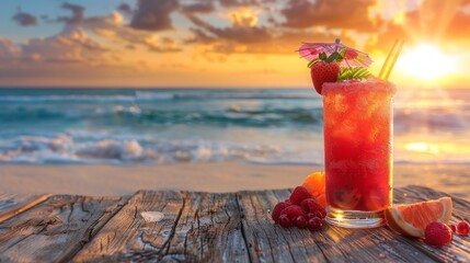 Summer vacation vibes with a refreshing cocktail placed on a wooden table against the backdrop of a sunset beach scene - obrazy, fototapety, plakaty