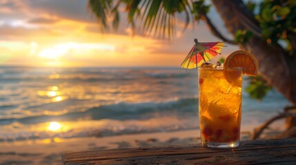 Summer vacation vibes with a refreshing cocktail placed on a wooden table against the backdrop of a sunset beach scene
