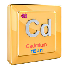 Cadmium Cd chemical element sign with number 48 in periodic table. 3D rendering isolated on transparent background