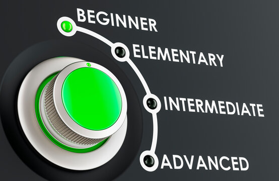Beginner level, learning and improvement language concept with scale knob. 3D rendering