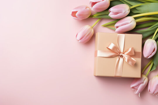 Spring greeting card with gift boxes and tulips on soft pink background for Mother's Day. View from above. Copy space for design.