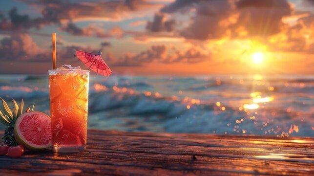 Summer vacation vibes with a refreshing cocktail placed on a wooden table against the backdrop of a sunset beach scene