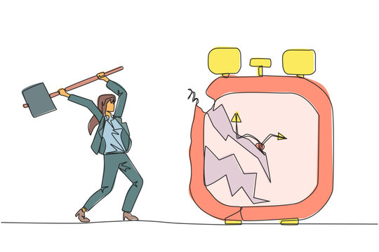 Single one line drawing businesswoman preparing to hit big alarm clock. Can't manage time well. Many business opportunities disappear. Angry businesswoman. Continuous line design graphic illustration