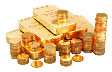 Gold ingots and golden coins, 3D rendering isolated on transparent background