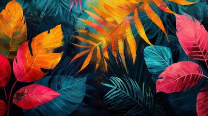 Tropical abstract leaves background. Colorful tropical leaves on textured modern background.