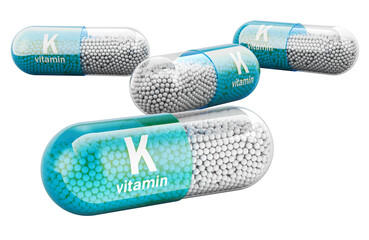 Vitamin K capsules, phylloquinone. 3D rendering isolated on transparent background