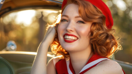 A joyful woman with curly red hair, wearing a red beret, laughs while sitting in a convertible - Powered by Adobe