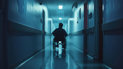 A person using a wheelchair navigating through a hallway