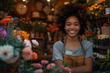 Young smiling flower shop assistant at the counter selling flowers. Concept: nice, detail