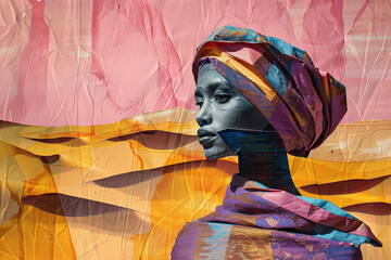 Retro trendy paper collage dune and woman with bedouin wear